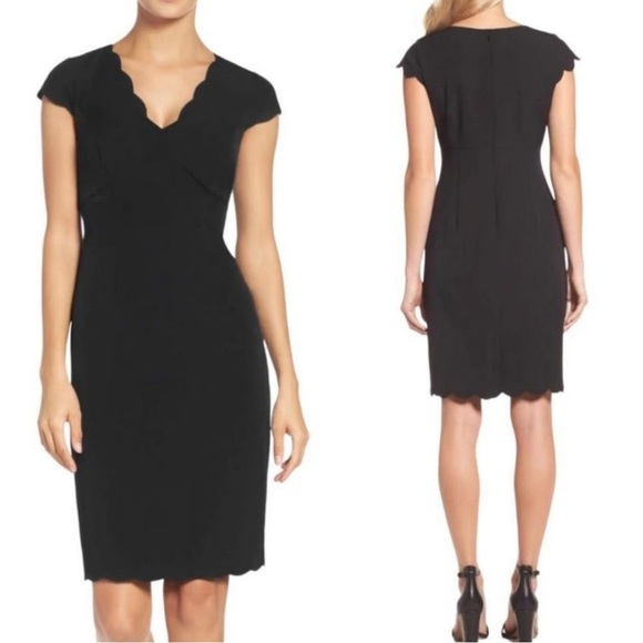 ADRIANNA PAPELL BLACK SCALLOPED CREPE SHEATH COCKTAIL CLASSIC DRESS WOMENS SZ 12 - Picture 1 of 10